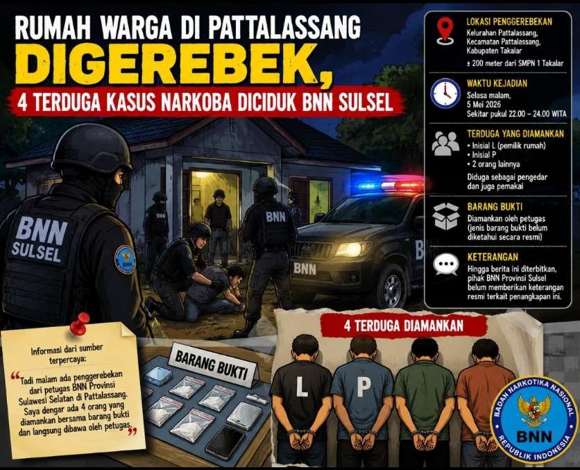 Rumah Warga di Pattalassang Digerebek, 4 Terduga Kasus Narkoba Diciduk BNN Sulsel