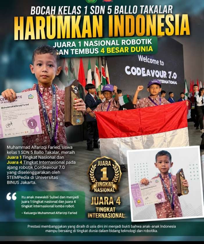 Bocah Kelas 1 SDN 5 Ballo Takalar Harumkan Indonesia, Juara 1 Nasional Robotik dan Tembus 4 Besar Dunia