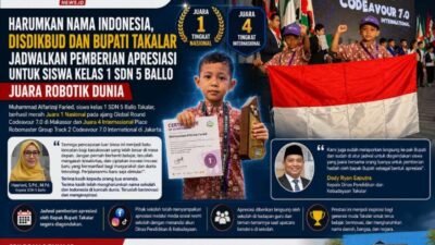 Harumkan Nama Indonesia, Disdikbud dan Bupati Takalar Jadwalkan Pemberian Apresiasi khusus untuk Siswa Kelas 1 SDN 5 Ballo Juara Robotik Dunia