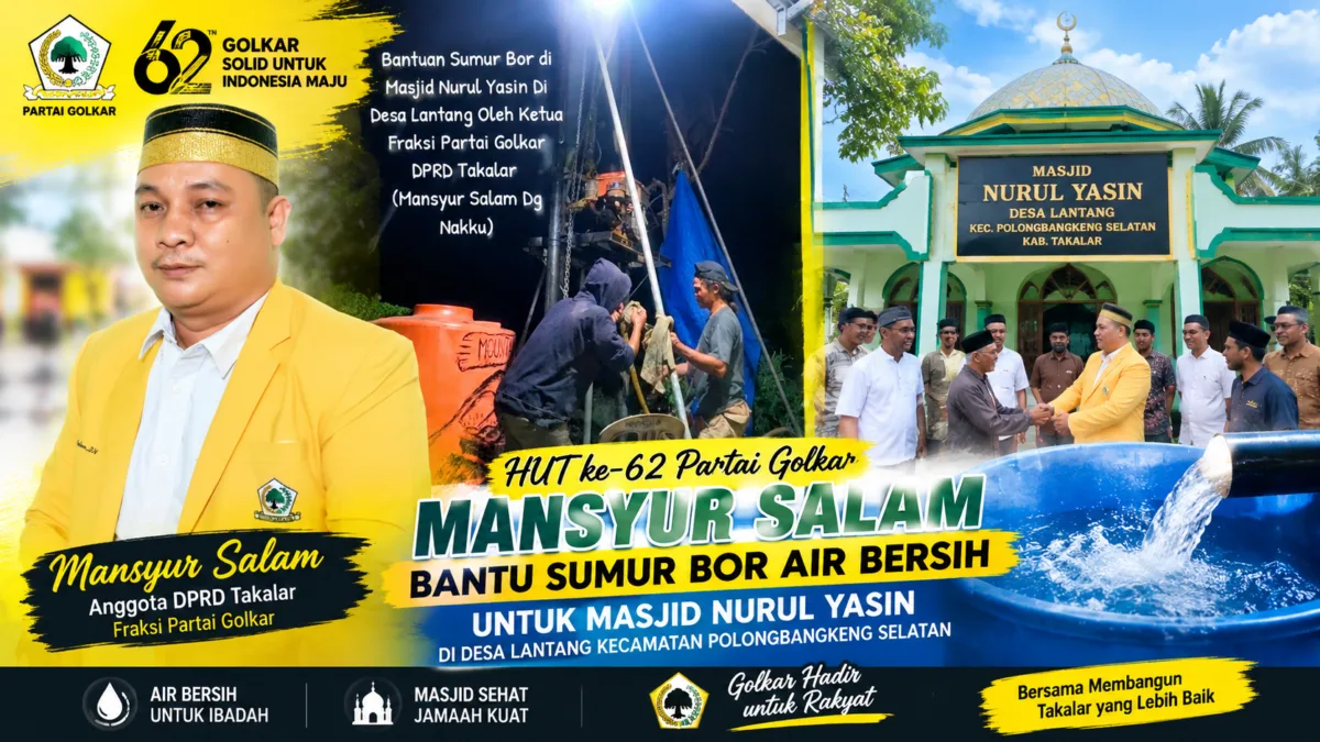HUT ke-62 Partai Golkar, Mansyur Salam Bantu Sumur Bor Air Bersih untuk Masjid Nurul Yasin di Desa Lantang